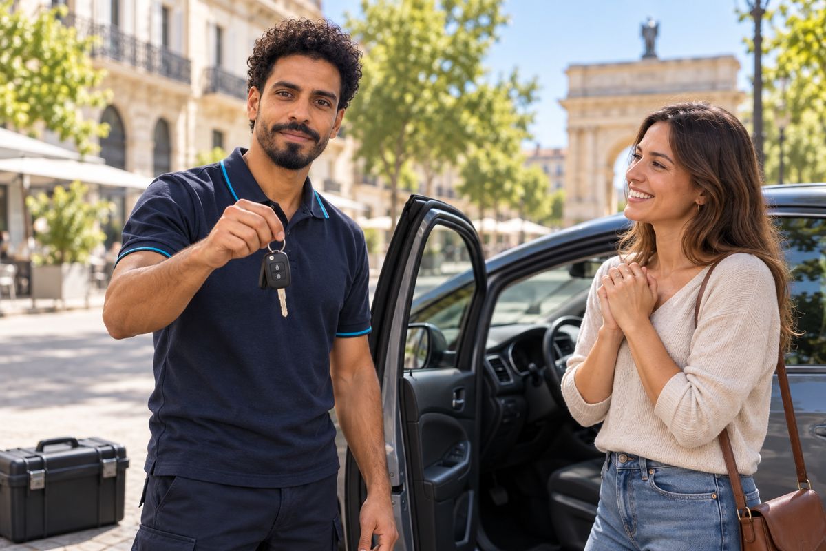Serrurier auto remettant les clés de son véhicule à une cliente après ouverture, à Montpellier